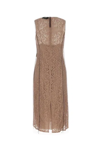 Fendi Women Beige Sleeveless Crewneck Dress With Floral Embroidery In Lace Woman In Brown