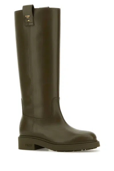 Fendi Army Green Leather Filo Boots In Green