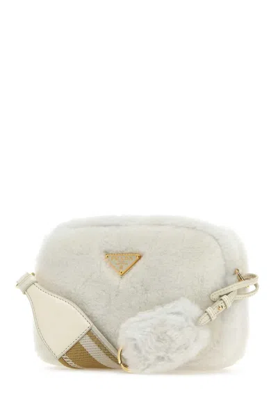 Prada Triangle-plaque Shearling Shoulder Bag In White