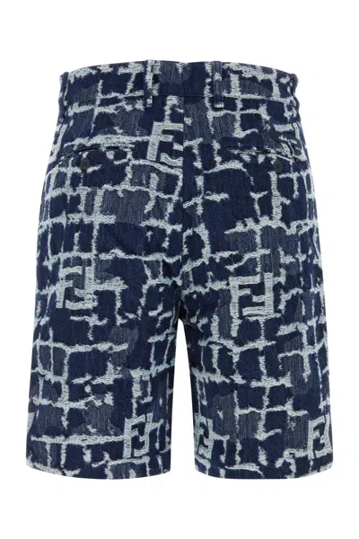 Fendi Ff Jacquard Denim Shorts In Blue