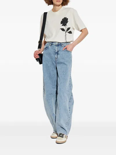 Golden Goose Oversized T-shirt With Black Rose Graphic And Metallic Stars In White
