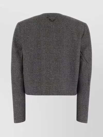 Prada Cropped Checkered Blazer In Textured Fabric In Gray