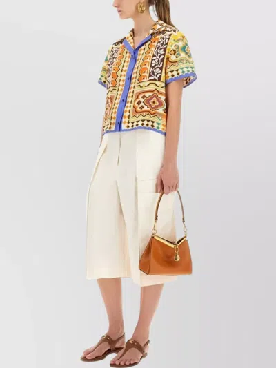 Etro Short Sleeve Collared Cropped Print Top In Multi