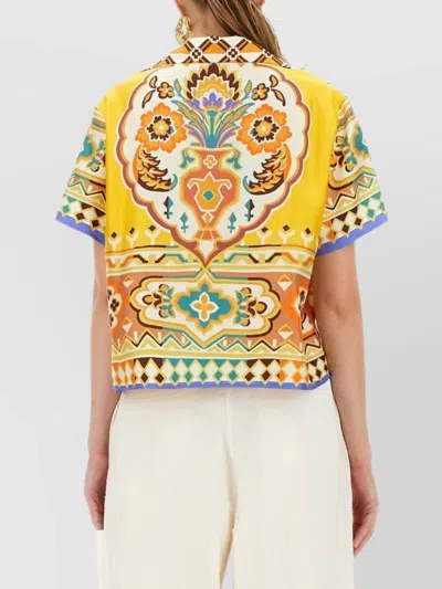 Etro Short Sleeve Collared Cropped Print Top In Multi