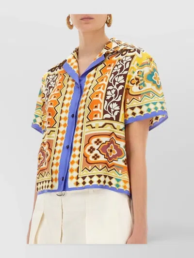 Etro Short Sleeve Collared Cropped Print Top In Multi