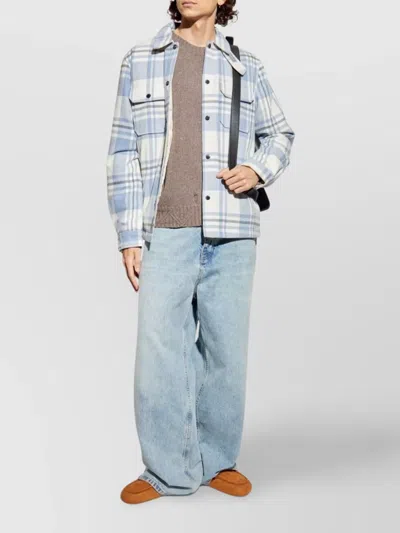Woolrich Plaid Logo Jacket With Structured Collar In Blue