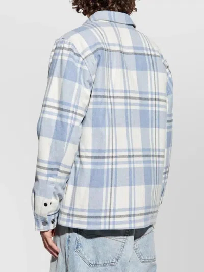 Woolrich Plaid Logo Jacket With Structured Collar In Blue