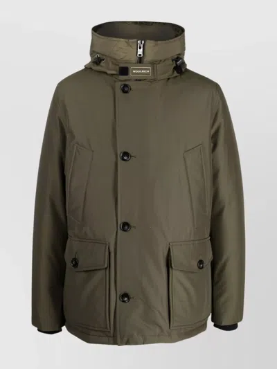 Woolrich Feather Down Padded Parka With Concealed Hood In Green