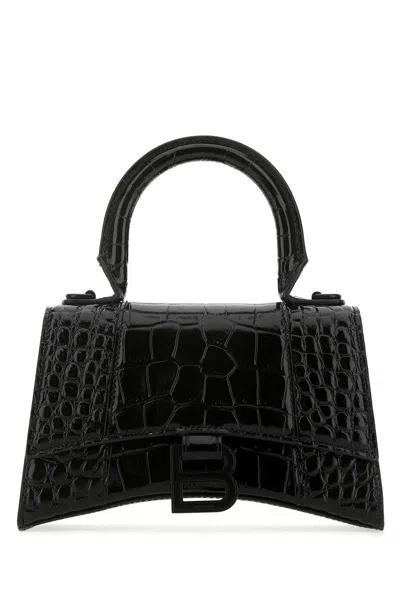 Balenciaga Hourglass Xs Croc-effect Leather Tote In Black