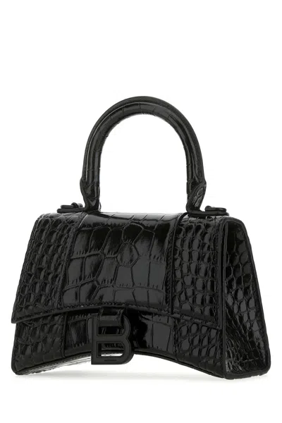 Balenciaga Hourglass Xs Croc-effect Leather Tote In Black