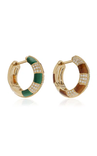 Yvonne Léon Checked 9k Yellow Gold Tiger's Eye; Malachite Hoop Earrings
