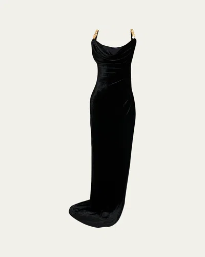 Balmain Button Cowl-neck Velvet Slit Maxi Dress