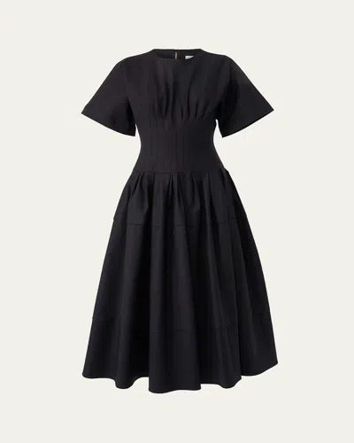 Carolina Herrera Short-sleeve Pleated-waist Midi Dress In Blue