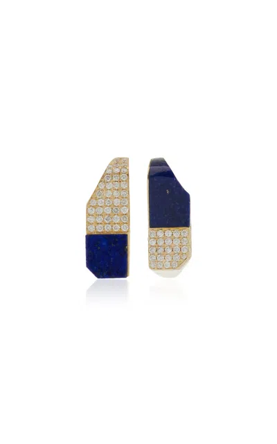 Yvonne Léon Checked 9k Yellow Gold Lapis; Diamond Hoop Earrings