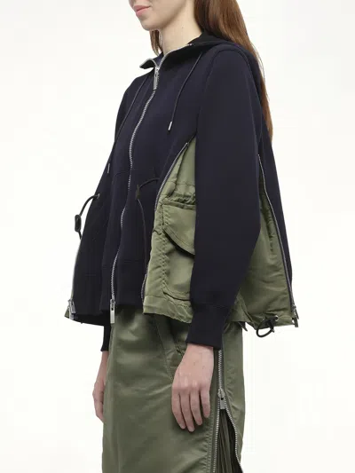 Sacai Sponge Sweat X Nylon Twill Hoodie In Blue