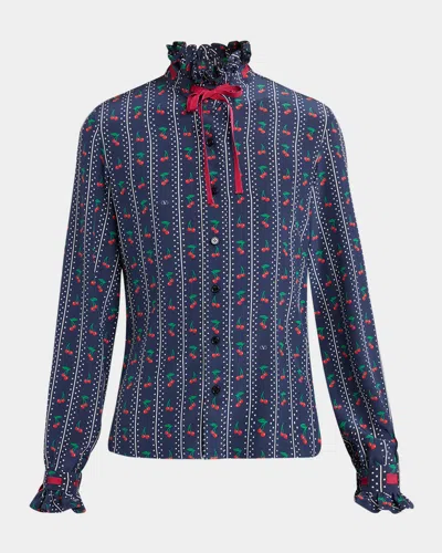 Valentino Cherry Polka-dot Striped Crepe De Chine Shirt