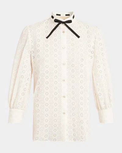 Valentino Daisy Polka-dot Sangallo Button-down Shirt In Neutral