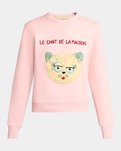 Valentino Cat-embroidered Cotton Jersey Sweatshirt In Pink