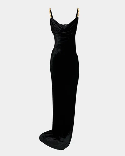 Balmain Button Cowl-neck Velvet Slit Maxi Dress