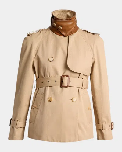 Chloé Leather-collar Double-breasted Short Trench Coat With Belt In Brown
