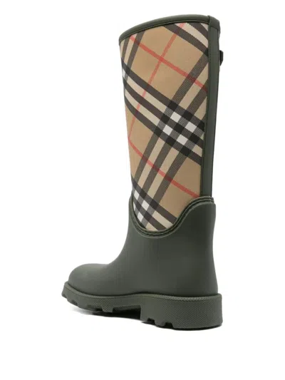 Burberry Check Pattern Knee-high Rubber Sole Boots In Green