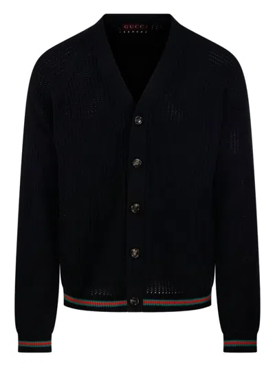 Gucci Men Knit Cotton Ajour Cardigan With Web Tape In Black
