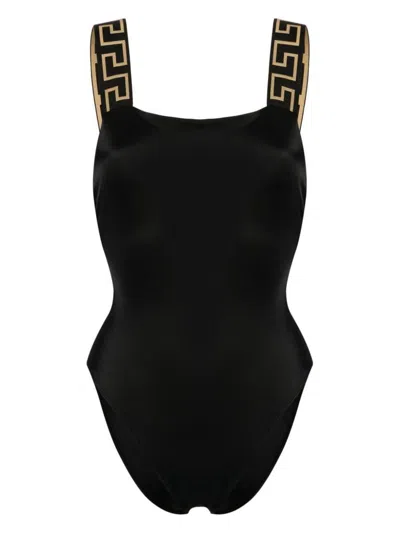 Versace One-piece Swimsuit With Greca Border In Black