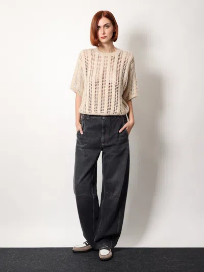 Brunello Cucinelli Women Black Denim Trouser With Leather Logo Tag