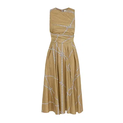 Elisabetta Franchi Midi Dress With Geometric Patterns And Rounded Collar In Brown