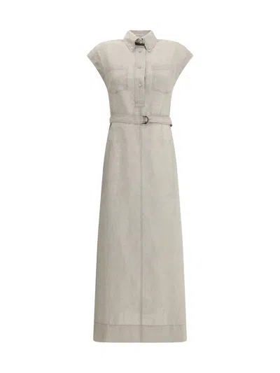 Brunello Cucinelli Women Long Linen Dress In Gray