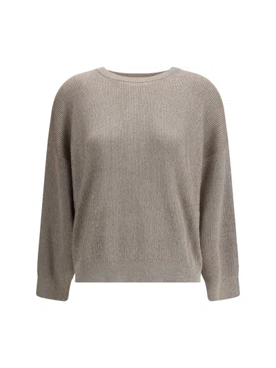 Brunello Cucinelli Ribbed Crew Neck Knitwear With Lurex Shine In Gray