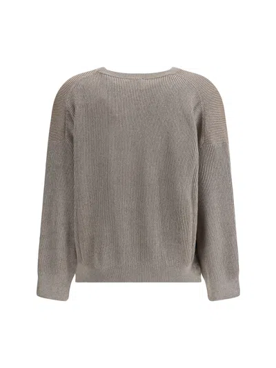 Brunello Cucinelli Ribbed Crew Neck Knitwear With Lurex Shine In Gray