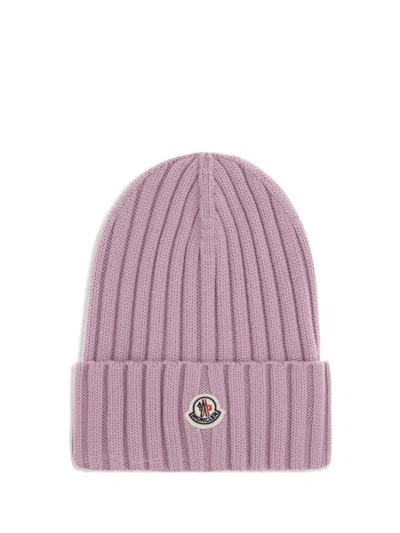 Moncler Logo Patch Rib Wool Beanie In Pink