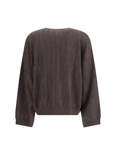 Brunello Cucinelli Sequined Vertical Striped Knitwear In Brown