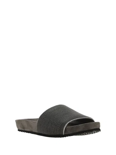 Brunello Cucinelli Grey Suede Slide Sandals With Monile Detail  Woman