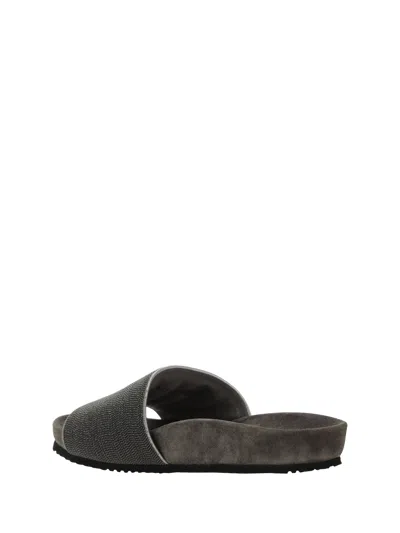 Brunello Cucinelli Grey Suede Slide Sandals With Monile Detail  Woman