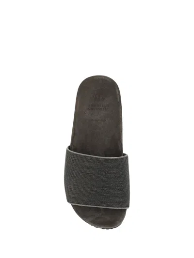 Brunello Cucinelli Grey Suede Slide Sandals With Monile Detail  Woman