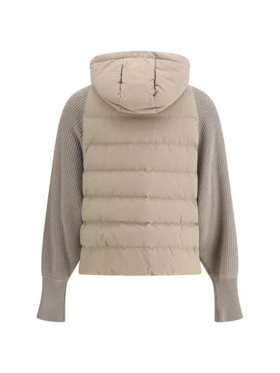 Brunello Cucinelli Two-material Puffer Jacket Casual Jackets And Parka Beige In Multi
