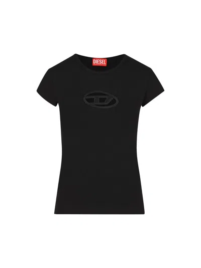 Diesel T-angie Black Crewneck T-shirt With Oval D Logo Embroidery On The Front In Cotton Stretch Woman