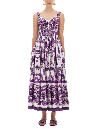 Dolce & Gabbana Long Poplin Dress With Majolica Print In Multi