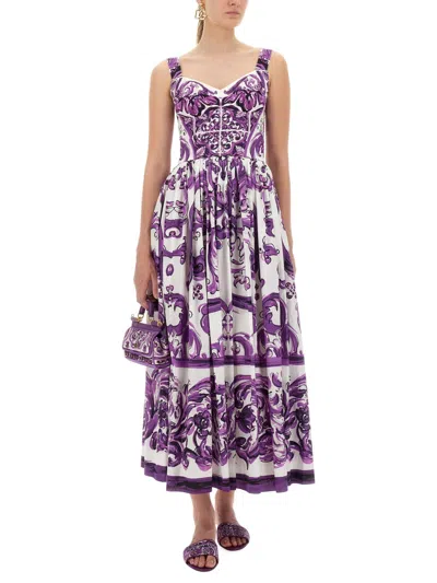 Dolce & Gabbana Long Poplin Dress With Majolica Print In Multi