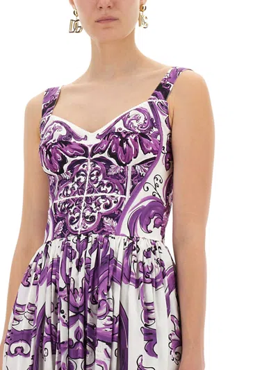 Dolce & Gabbana Long Poplin Dress With Majolica Print In Multi