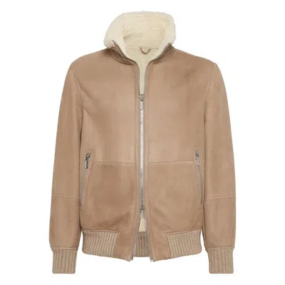 Brunello Cucinelli Bomber Jacket With Shearling Collar And Ribbed Finish In Brown