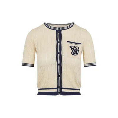 Valentino Embroidered Cardigan With Chest Pocket And Short Sleeves In Neutral