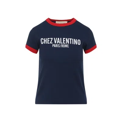 Valentino Crew Neck Cotton T-shirt With Contrast Trim In Blue
