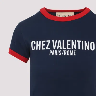 Valentino Crew Neck Cotton T-shirt With Contrast Trim In Blue