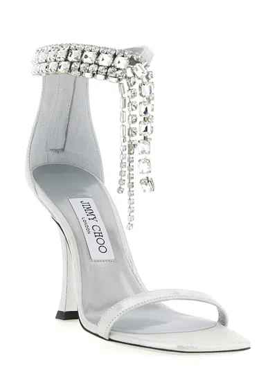 Jimmy Choo 'crystal' Metallic Sandals With Rhinestoned Ankle Strap And High Curved Heel