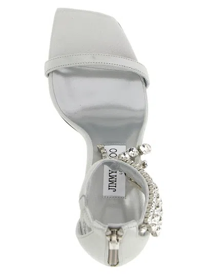 Jimmy Choo 'crystal' Metallic Sandals With Rhinestoned Ankle Strap And High Curved Heel