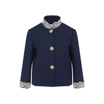 Valentino Lace-insert Virgin Wool Jacket In Blue