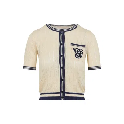 Valentino Embroidered Cardigan With Chest Pocket And Short Sleeves In Neutral